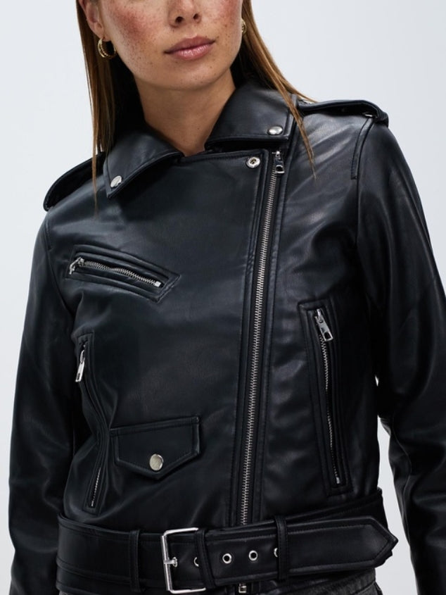 Women's Faux Leather Belted Motorcycle Jacket