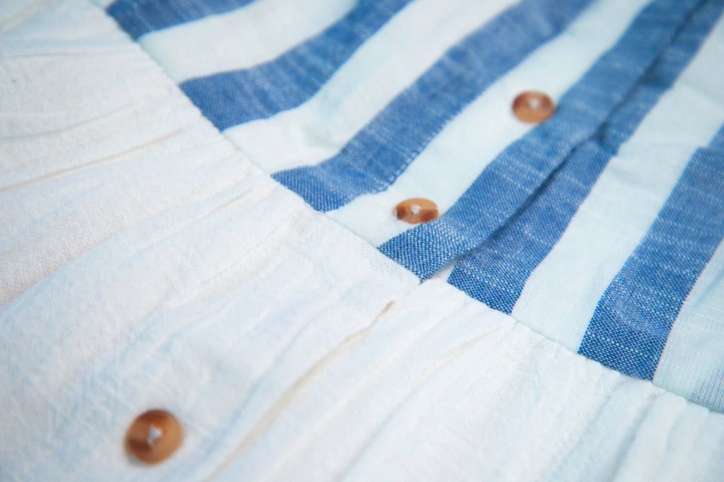 Brown button blue white striped cotton fabric