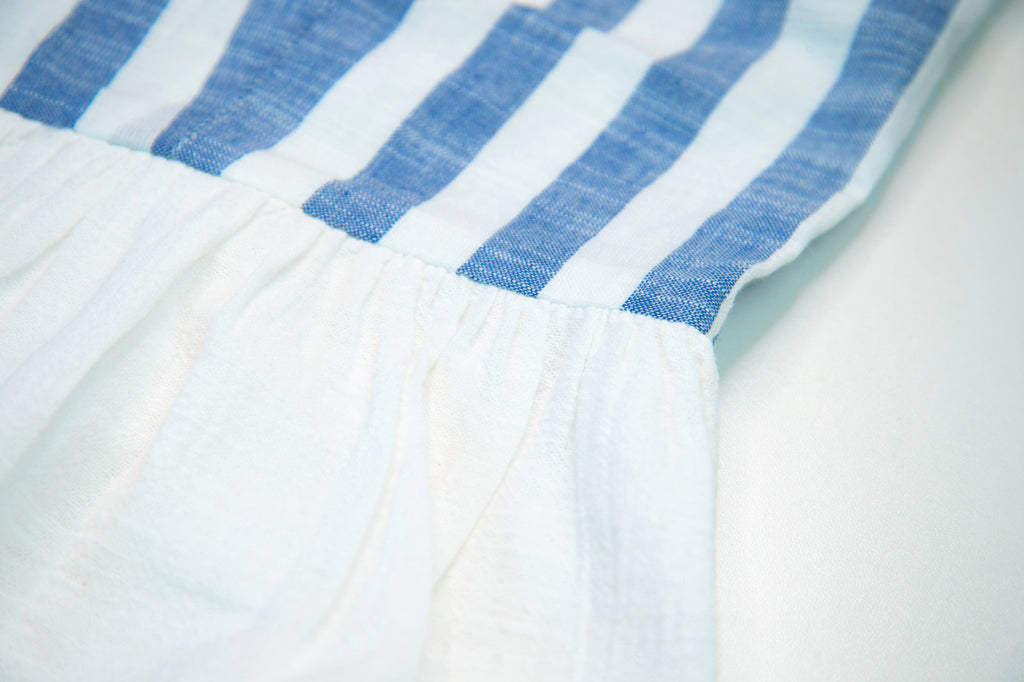 Brown button blue white striped cotton fabric