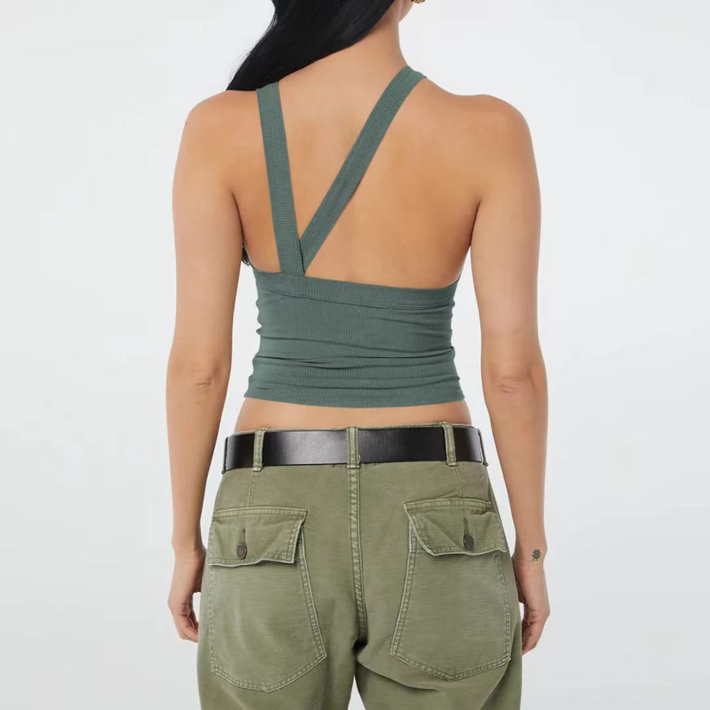 Rib knit pit stripe sexy backless women's slim fitting sleeveless green suspender