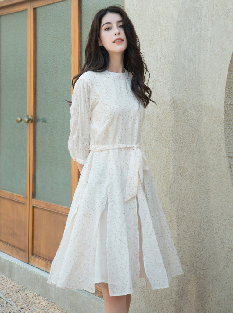 Woman 3/4 Sleeves Lily Fashion Dress Full Lining Casual Holiday Spot Print Dress Mid-Calf Length -Tiffany Dress 