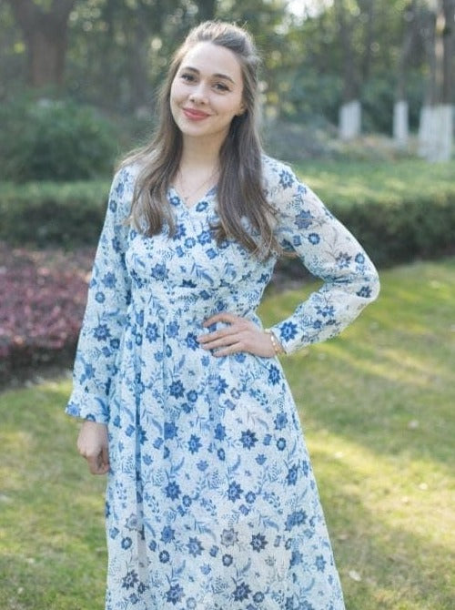 Woman Winter Long Sleeves Fashion Casual Floral Dress Emma Dress - Blue Floral/Cotton