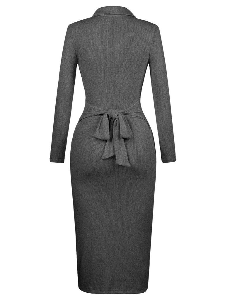Grey Women's V-neck Split Waist Mid length Dress