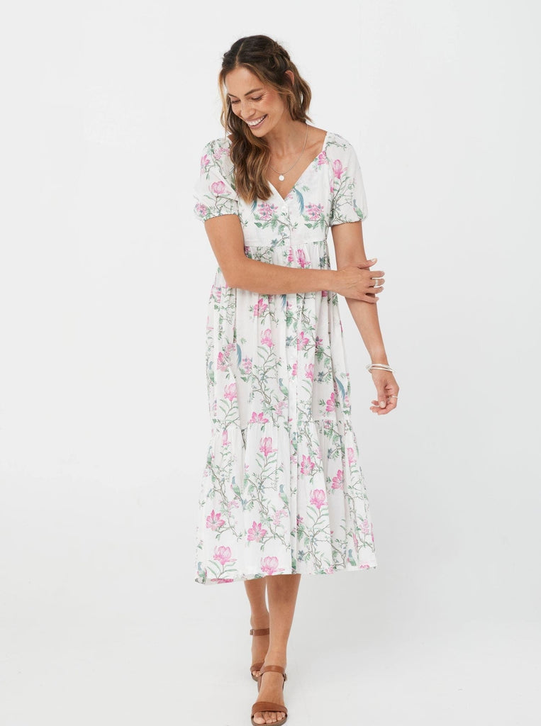 Woman V neck Cotton Short Sleeves Maxi Dress Cecilia Dress - Pink Floral/Cotton