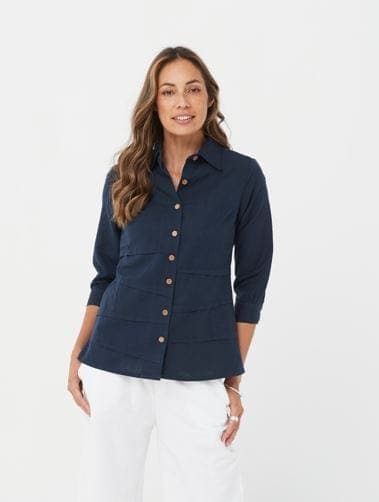 Woman Fashion Long Sleeves Shirt Winter Tops Yasmine Top - Navy/Linen & Cotton